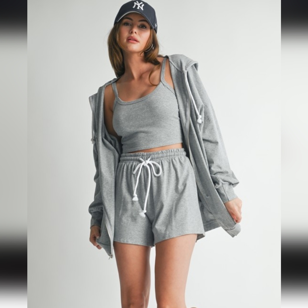 Gray Everday Lounge Set with Drawstring Shorts, Tank Top, and Jacket